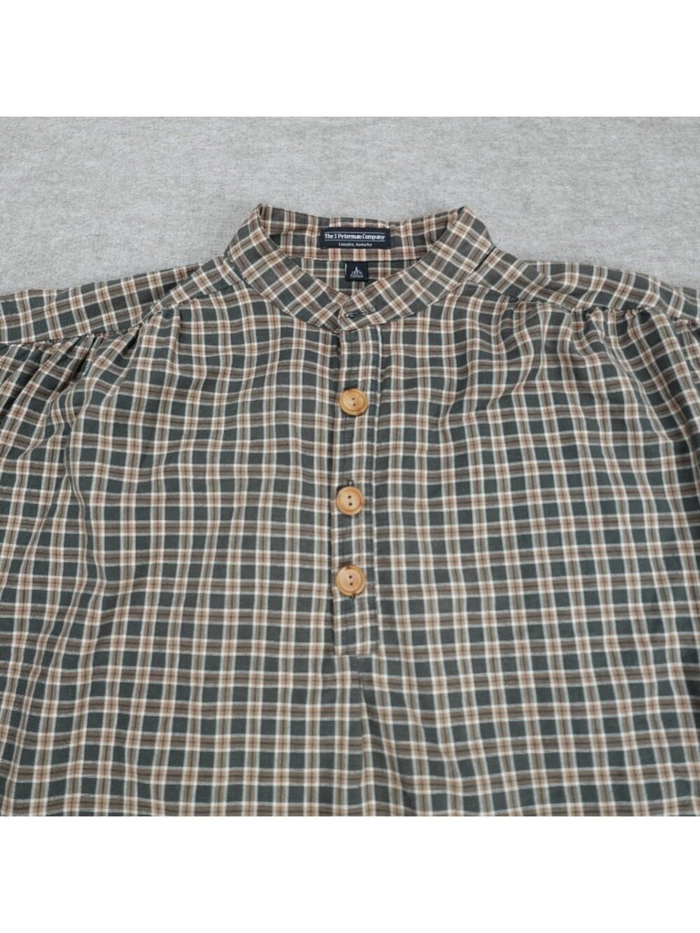 J.Peterman Mens Shirt Large Green Beige Plaid Grandfather Poets Cotton USA Made